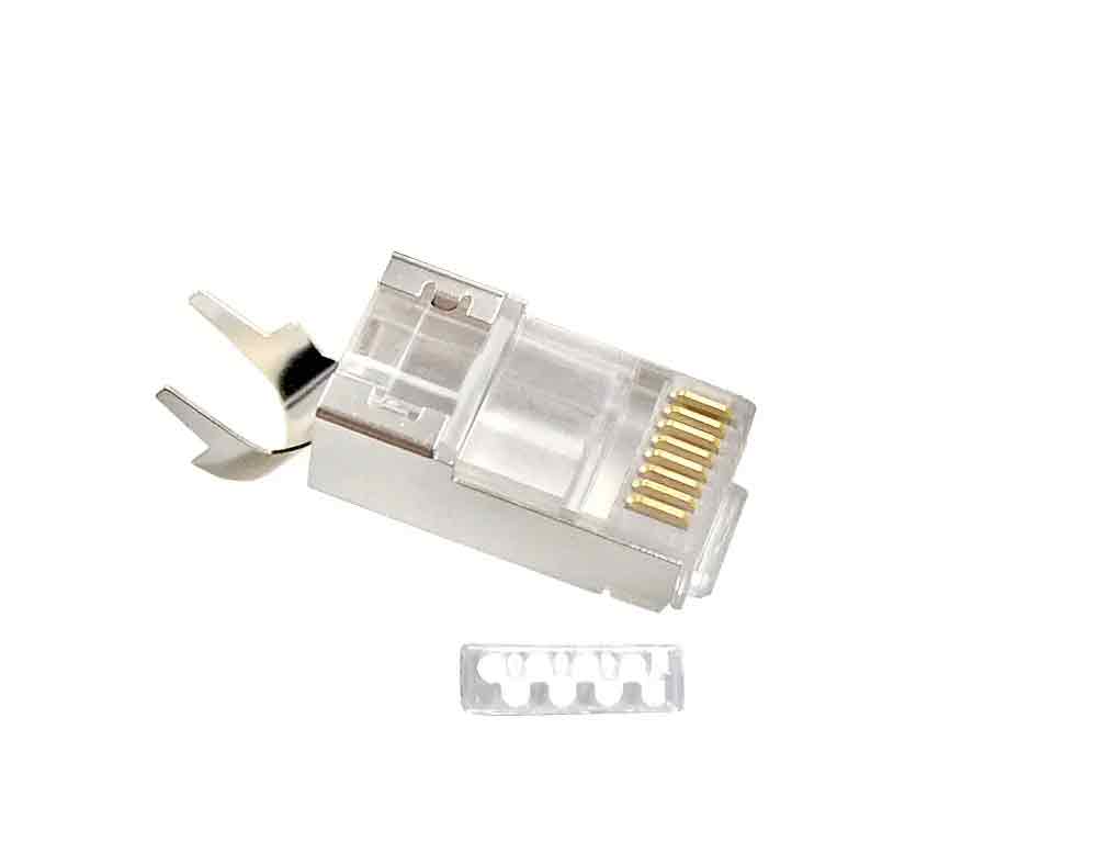 BOXNUBE RJ45 Cat7 Cat6A Crimping Connectors 8P8C Modular Plug 3 Prong Shielded FTP / STP Metal Connector | Dovetail Clip Design BOXNUBE RJ45 Cat7 Cat6A Crimping Connectors 8P8C Modular Plug 3 Prong Shielded FTP / STP Metal Connector | Dovetail Clip Design